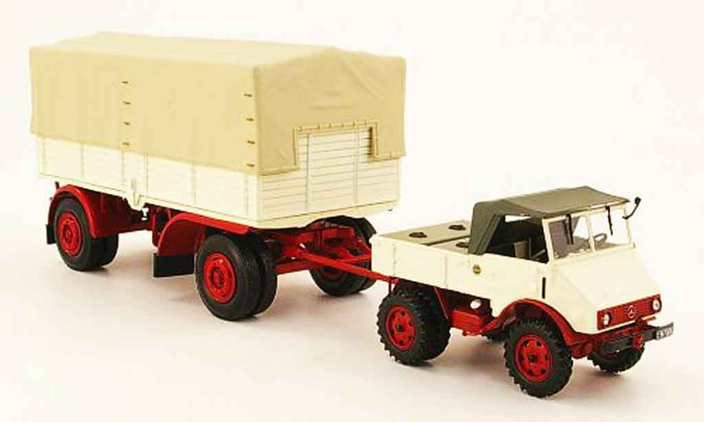 Mercedes Unimog 1/43 Minichamps 401 wit rood avec Pritschenanhanger 1951 modelauto