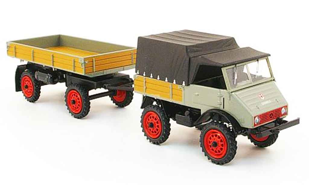 Mercedes Unimog 1/43 Schuco 401 grijs avec Muller avecteltal Anhanger modelauto