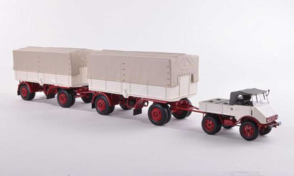 Mercedes Unimog 1/43 Minichamps 401 avec deux Pritschenanhanger beige/rood 1951 modelauto