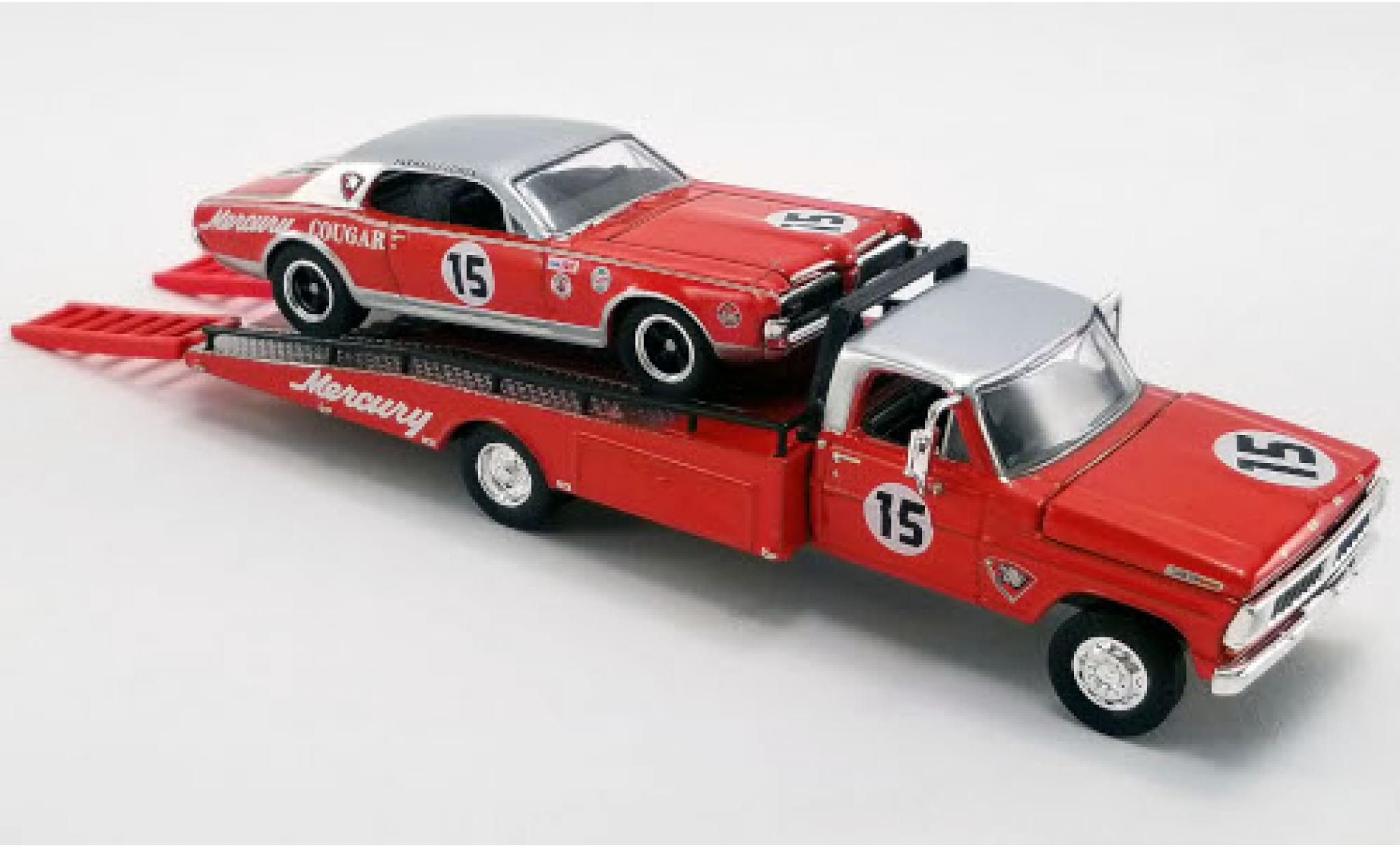 Ford F-350 1/64 ACME Ramp Truck Mercury 1970 mit 1967 Mercury Trans Am Cougar und Auffahrrampen No.15 Parnelli Jones Team Cougar modelauto