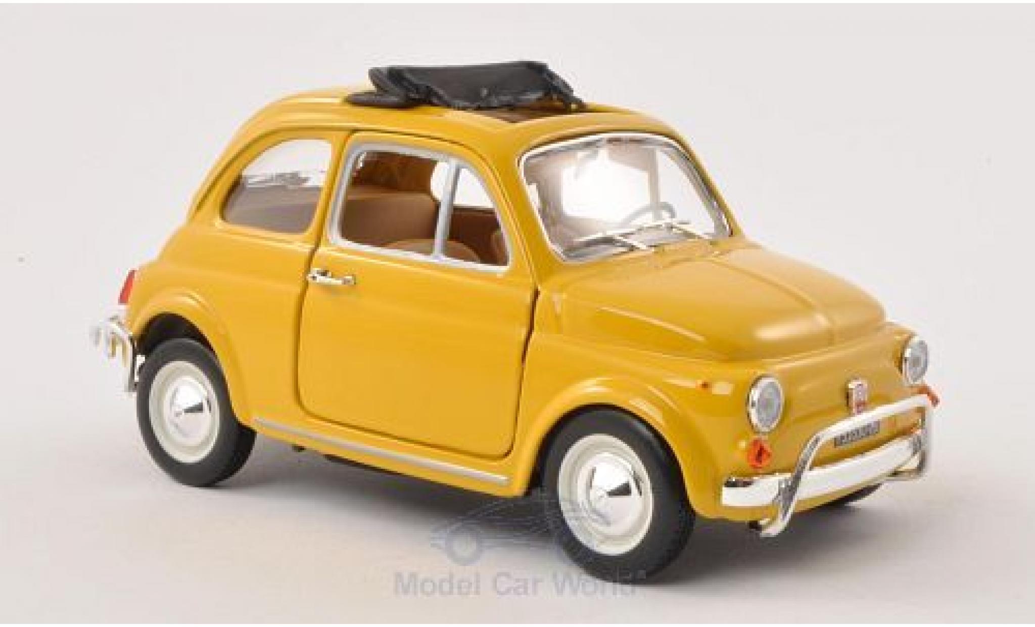 Fiat 500 1/24 Burago L geel 1968 ge&ouml;ffnetes Faltdach ohne Vitrine modelauto