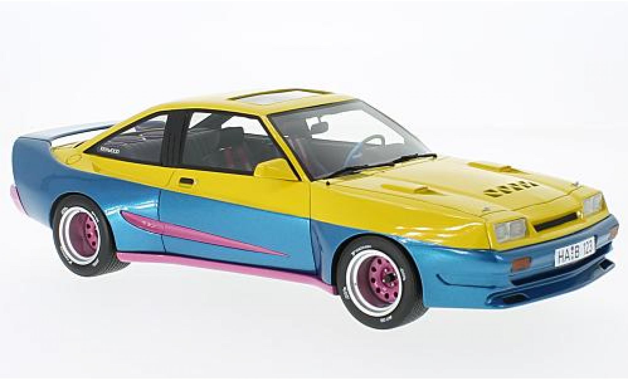 Opel Manta 1/18 BoS Models B Mattig geel/blauw 1991 avec Glashubdach modelauto