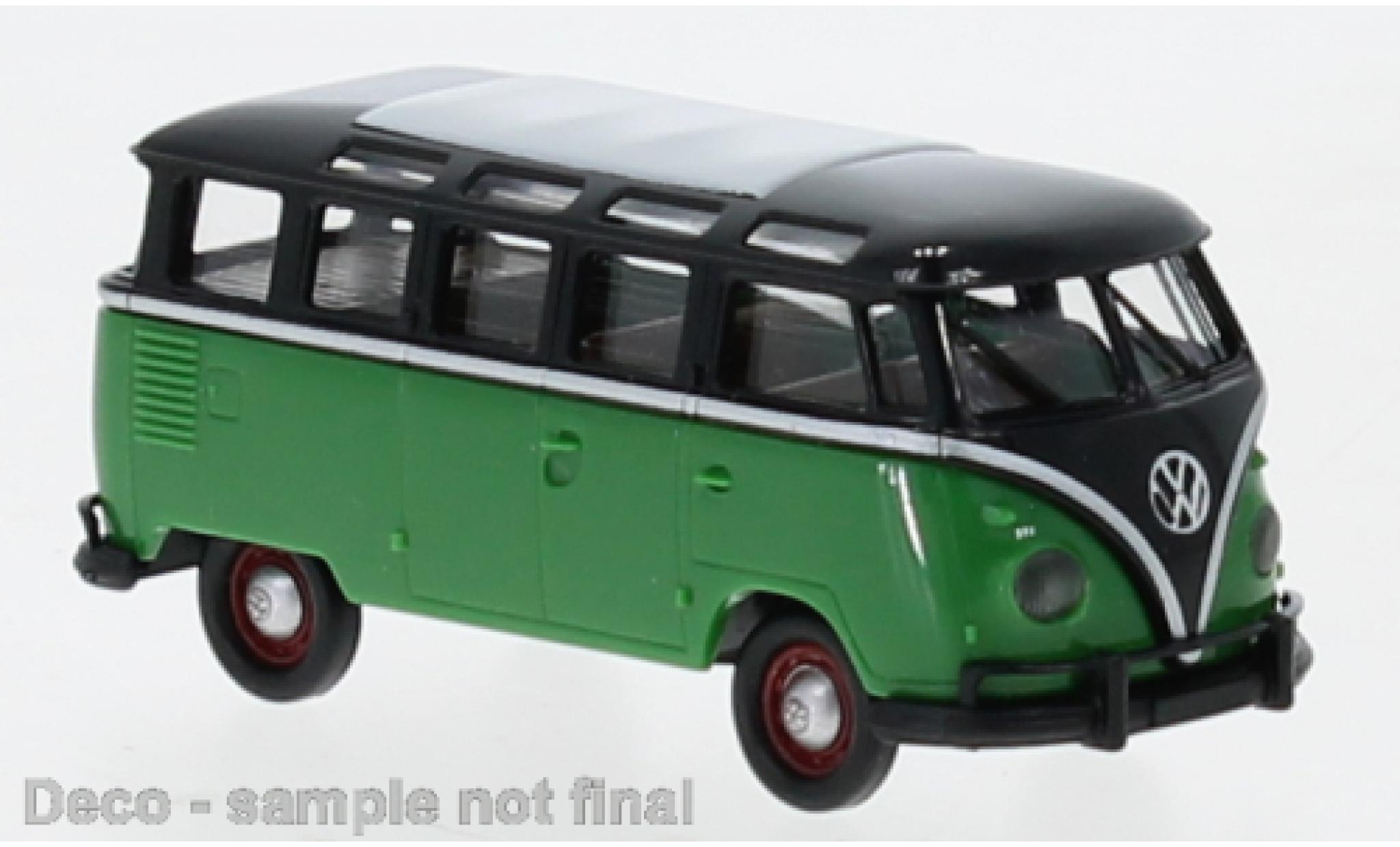 Volkswagen T1 1/87 Brekina b Samba zwart/groen 1960 modelauto