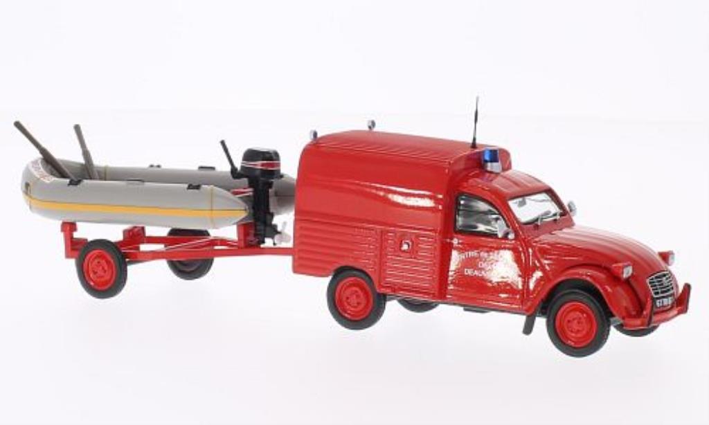 Citroen 2CV 1/43 Eligor AKS 400 Centre de Secours de Deauville Brandweer (F) mit Zodiac auf Anhanger modelauto