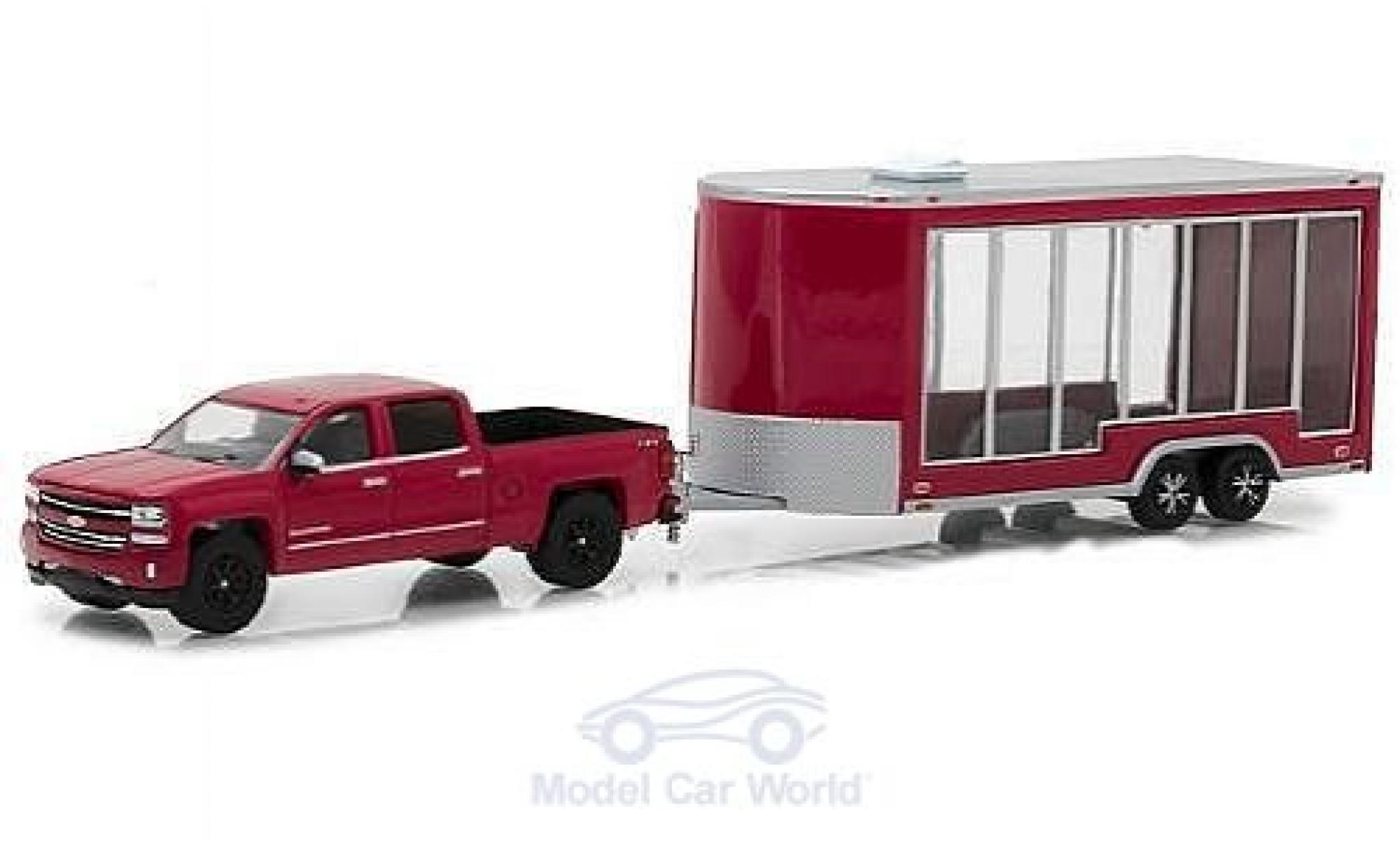 Chevrolet Silverado 1/64 Greenlight rood/grijs 2016 mit Display Trailer modelauto