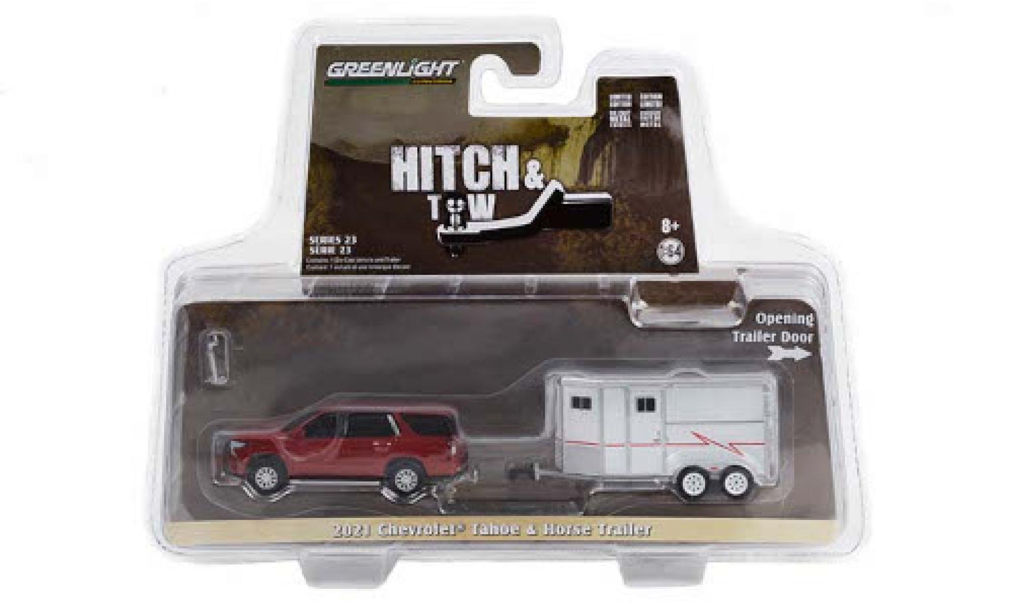 Chevrolet Tahoe 1/64 Greenlight rood 2021 mit Horse Trailer modelauto