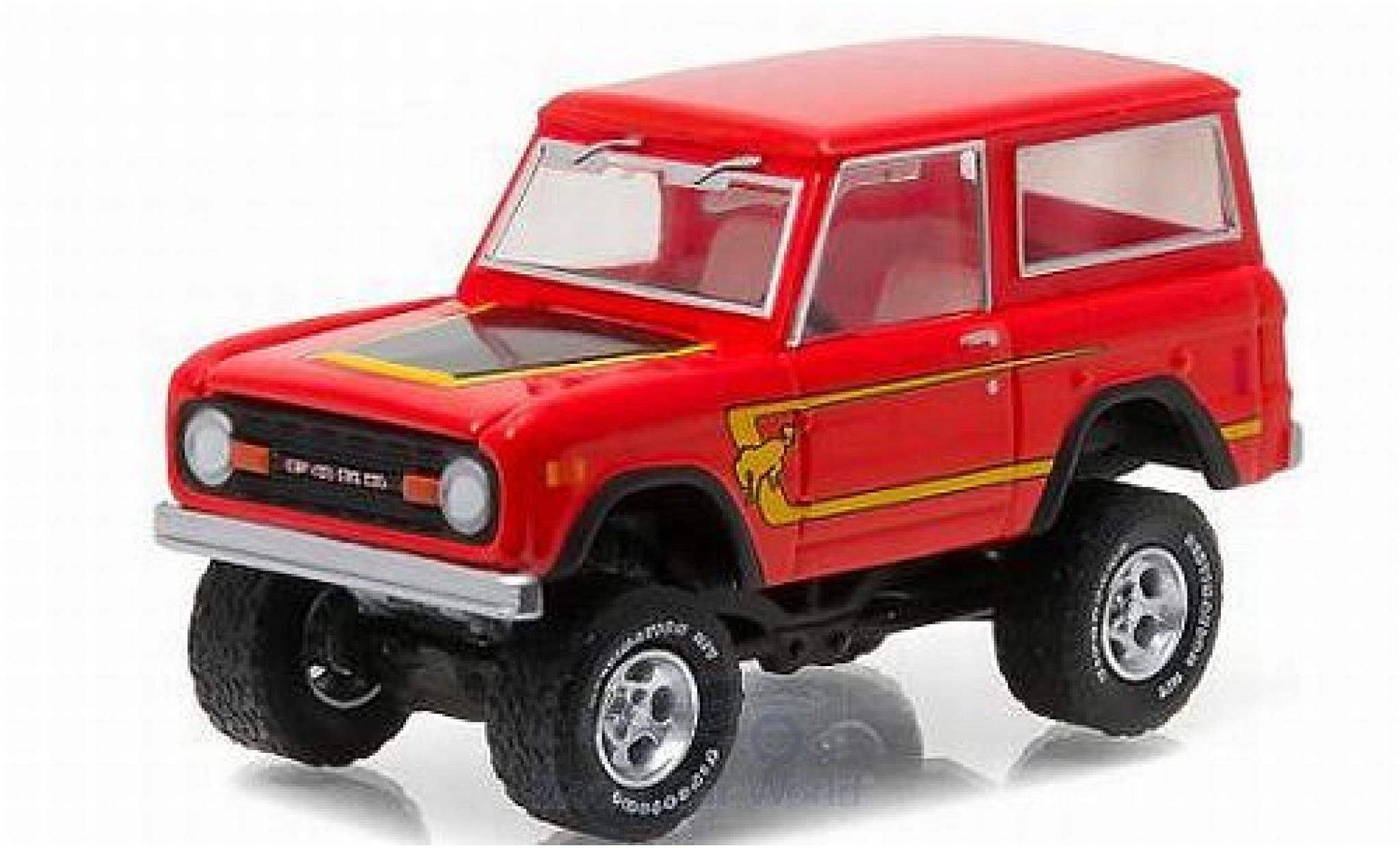 Ford Bronco 1/64 Greenlight rood/Dekor 1977 All Terrain Series 4 ohne Vitrine modelauto