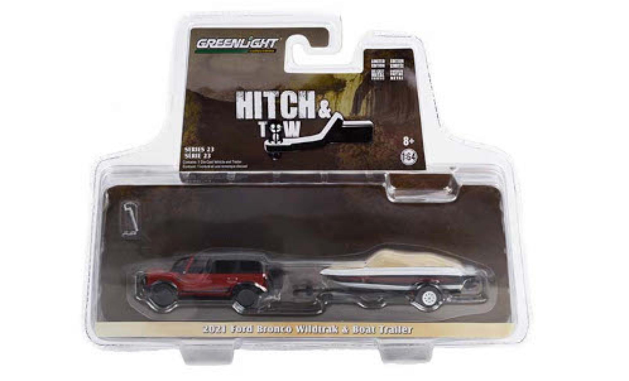 Ford Bronco 1/64 Greenlight Wildtrak rood/zwart 2021 mit Boat Trailer modelauto
