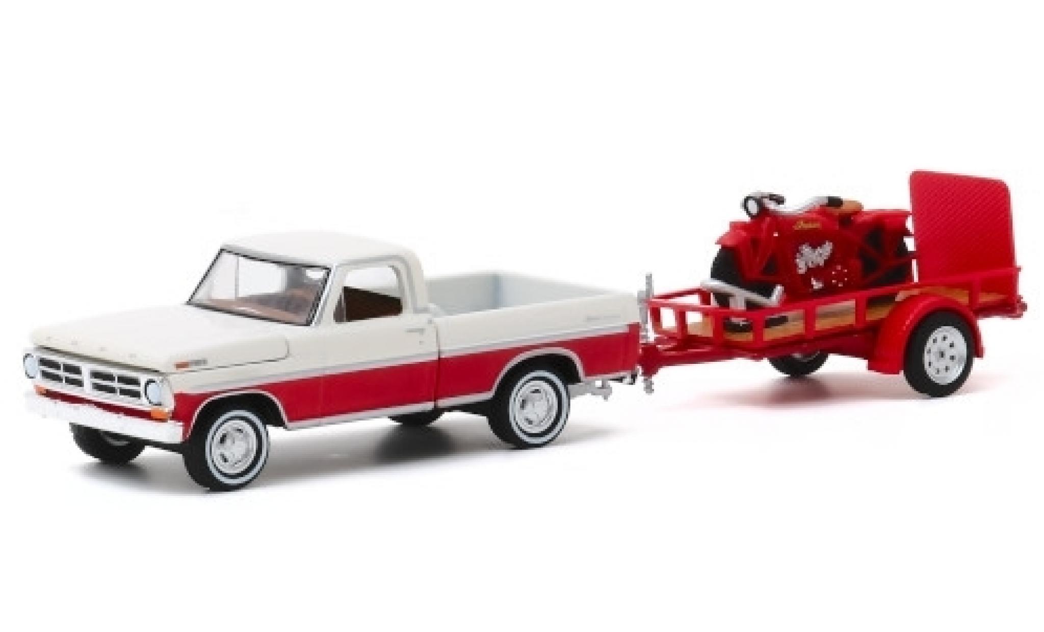 Ford F-1 1/64 Greenlight 00 wit/rood 1972 mit Einachsanh&auml;nger und 1920 Indian Scout modelauto