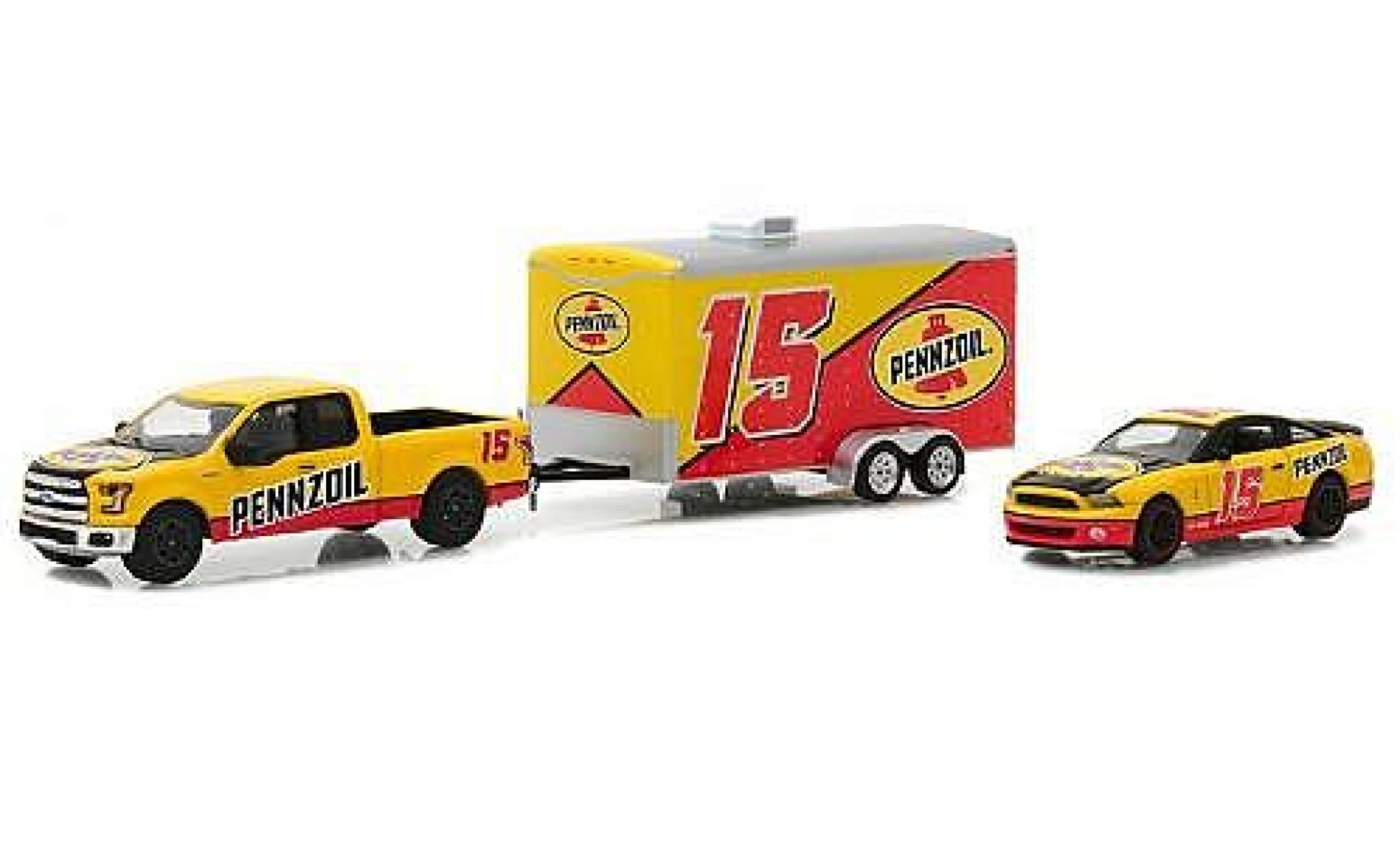 Ford F-1 1/64 Greenlight 50 Pennzoil 2015 with 2012 Shelby GT500 and Enclosed Car Hauler modelauto