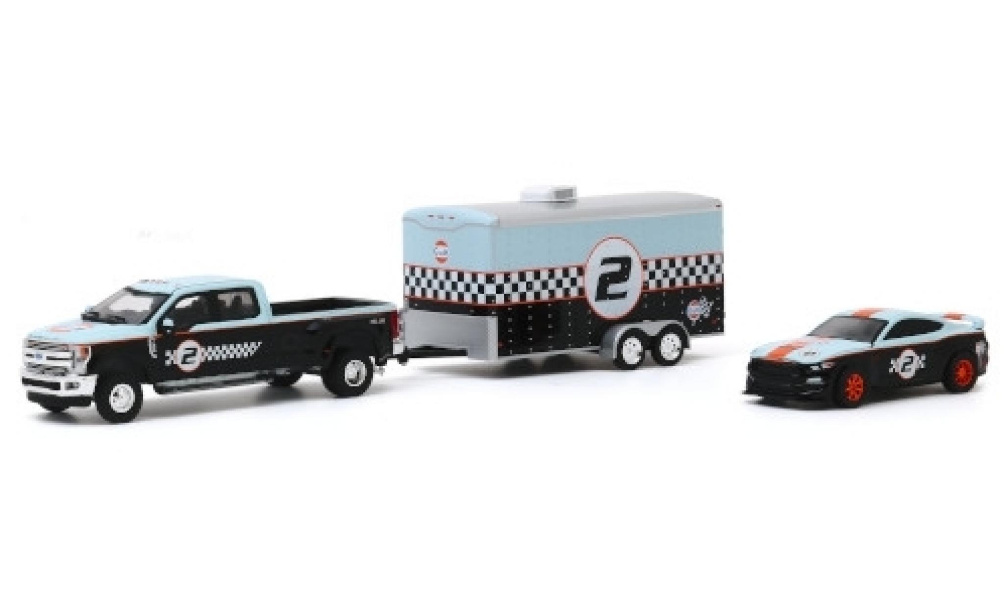 Ford F-350 1/64 Greenlight Lariat Gulf 2019 avec Remorque porte-voiture et Shelby GT350R No.2 modelauto