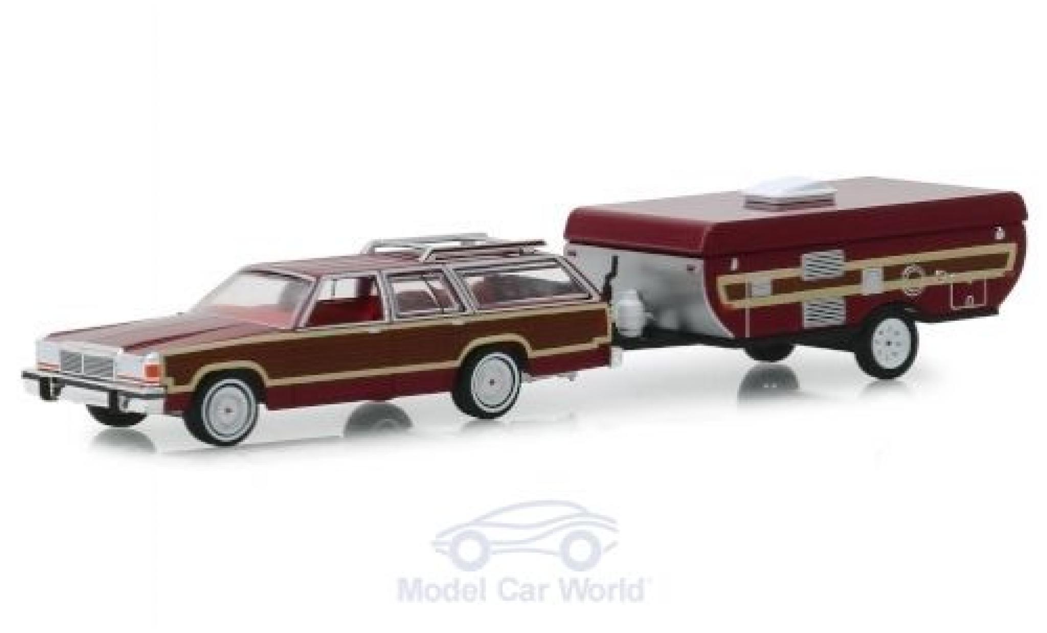 Ford LTD 1/64 Greenlight Country Squire rood/Holzoptik 1981 mit Pop-Up Camper Trailer modelauto