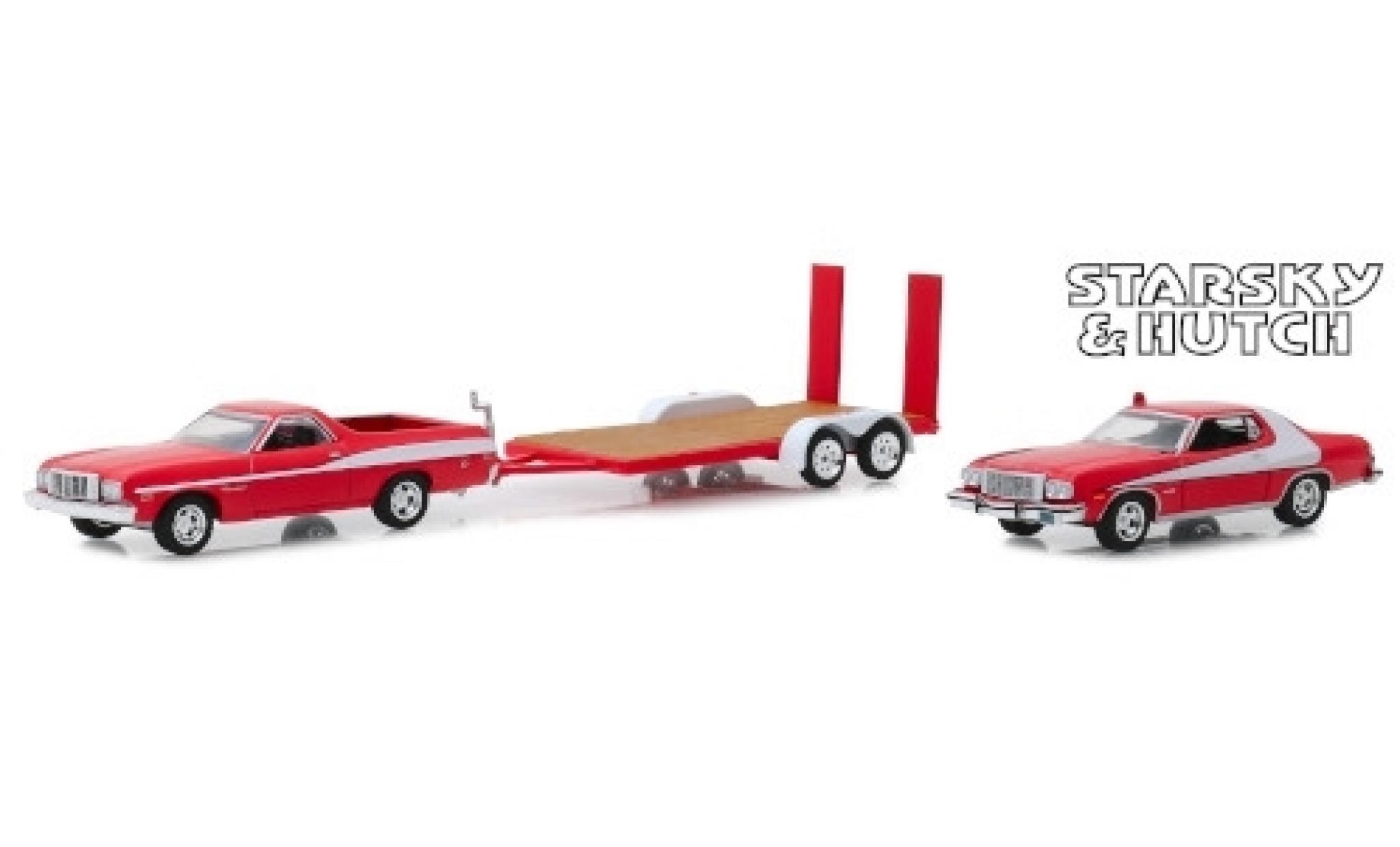 Ford Ranchero 1/64 Greenlight rood/wit Starsky & Hutch 1976 mit Gran Torino auf Zweiachsh&auml;nger modelauto