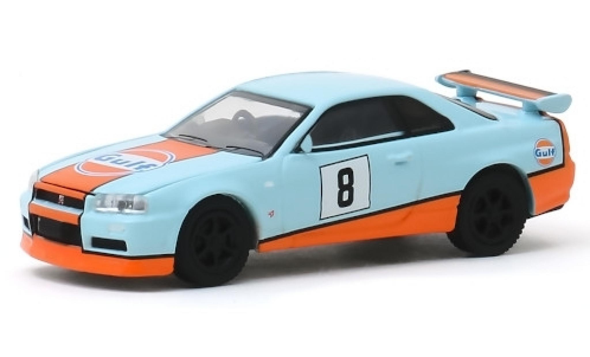 Nissan Skyline 1/64 Greenlight GT-R (BNR34) blauw/wit RHD Gulf 2001 No.8 modelauto