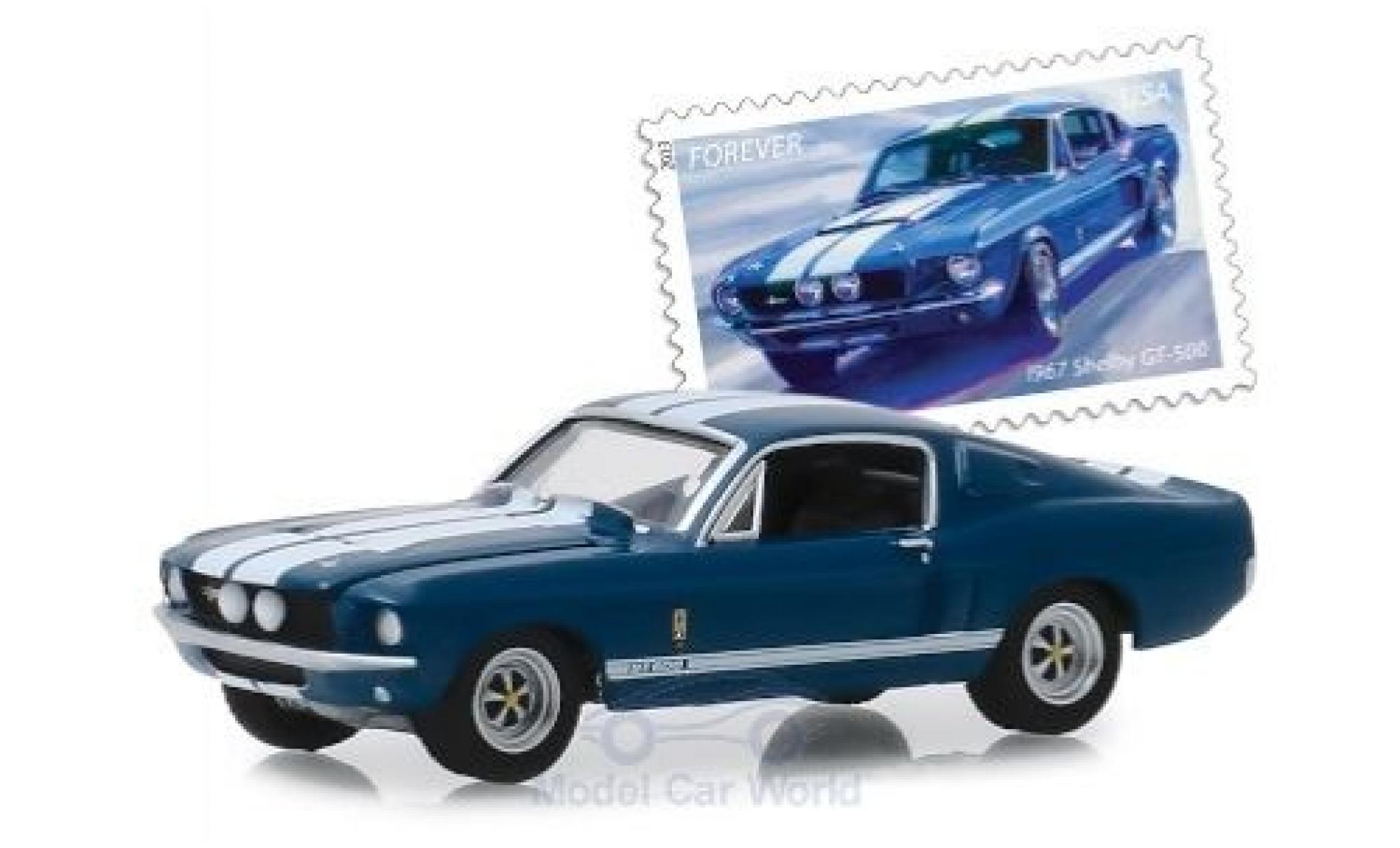 Shelby GT 1/64 Greenlight 500 metallic blauw/wit 1967 modelauto