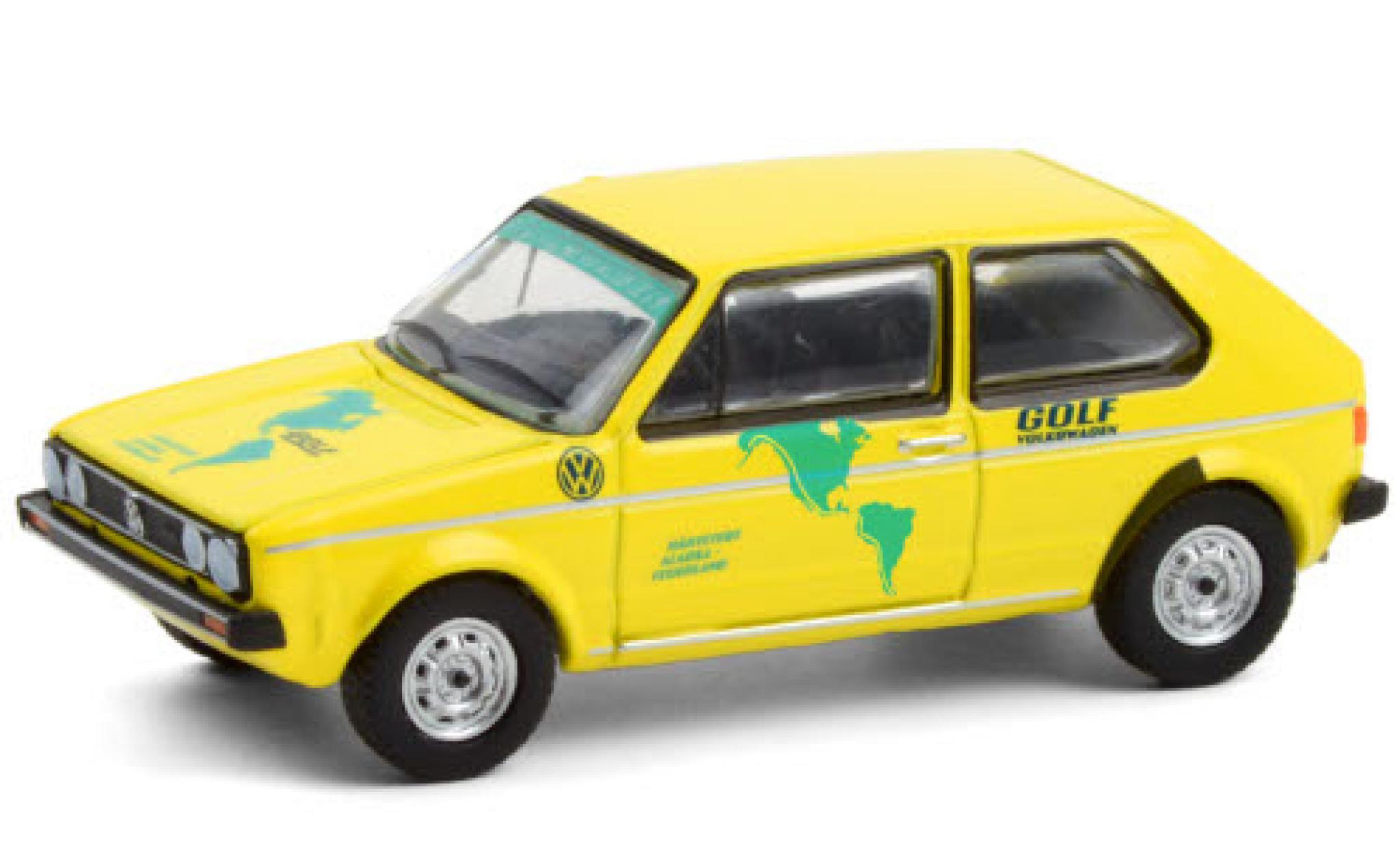Volkswagen Golf 1/64 Greenlight I geel/Dekor 1974 H&auml;rtetest: Alaska - Feuerland modelauto