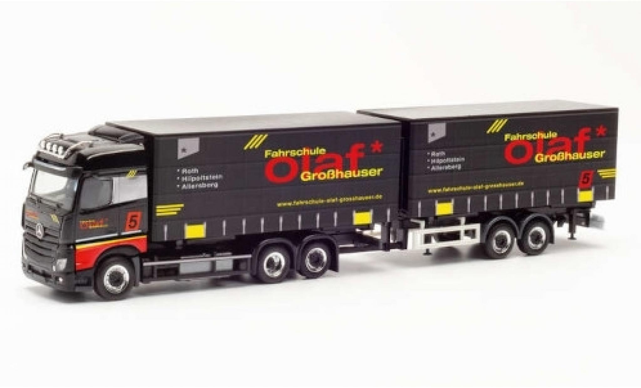 Mercedes Actros 1/87 Herpa BigSpace rood Fahrschule Olaf Gro&szlig;hauser Tandem-bache de camion-camion avec remorque modelauto