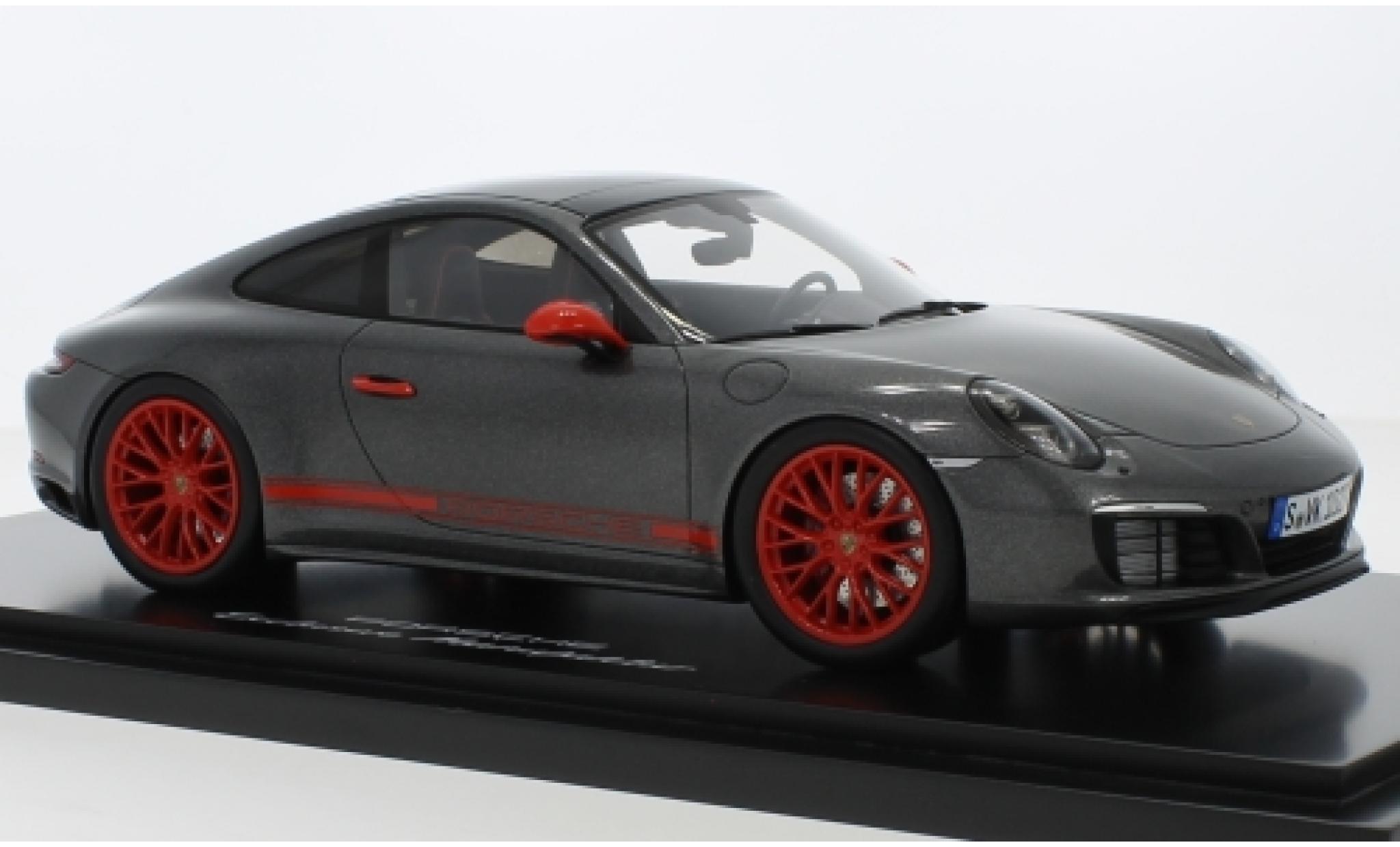 Porsche 991 4S 1/18 Spark 911 ( II) Carrera 4S metallic grijs/rood avec Vitrine modelauto
