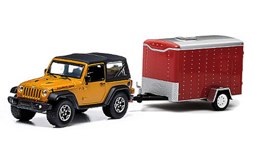 Jeep Wrangler 1/64 Greenlight Rubicon X geel und 1-Achs-Anhanger 2014 modelauto