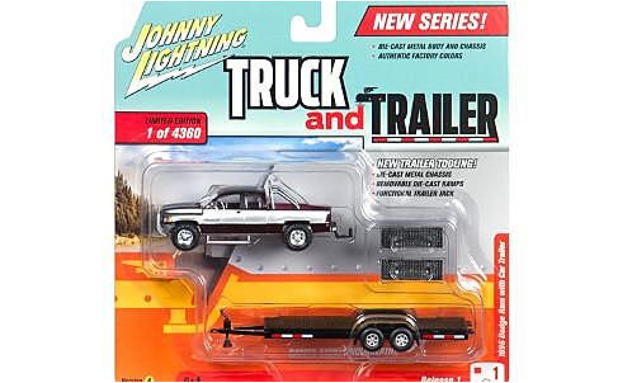 Dodge RAM 1/64 Johnny Lightning Ram 1500 paarsee/grijs 1996 avec Flatbed remorque sans Vitrine modelauto