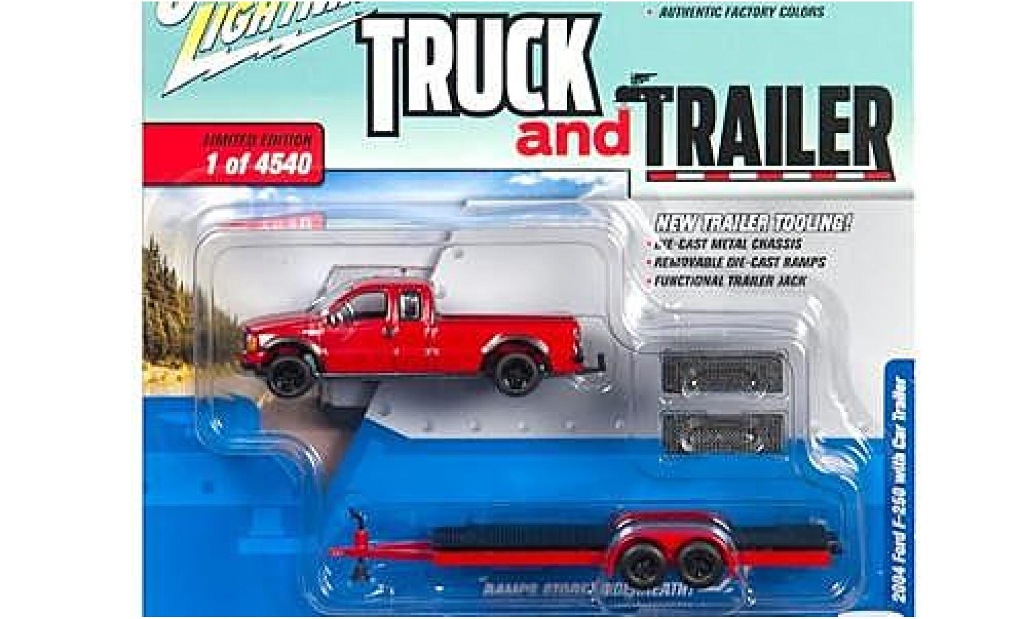 Ford F-250 1/64 Johnny Lightning rood 2004 avec Flatbed remorque sans Vitrine modelauto