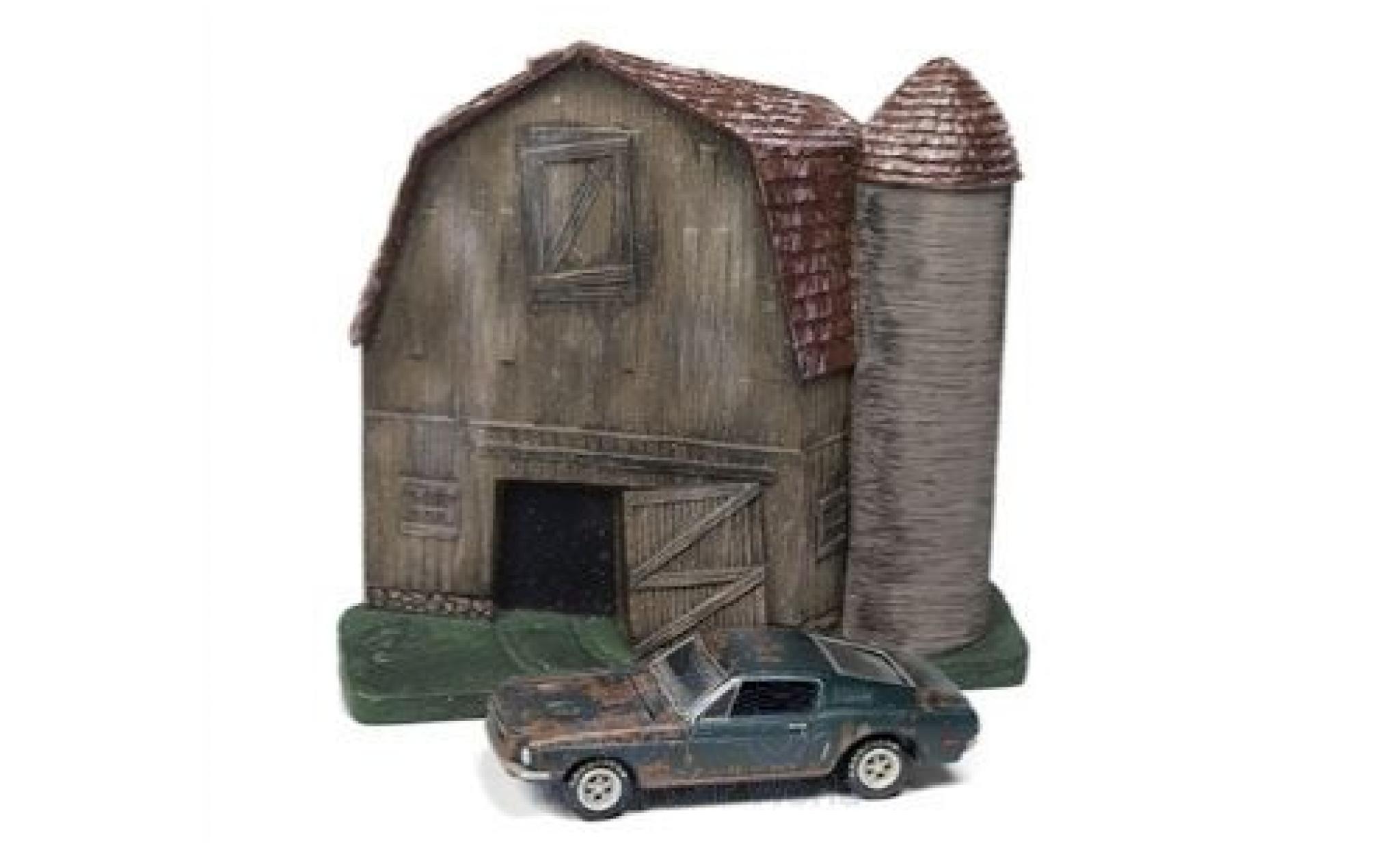 Ford Mustang 1/64 Johnny Lightning GT Fastback groen 1968 Barn Finds Series 4 Diorama mit Witterungsspuren modelauto