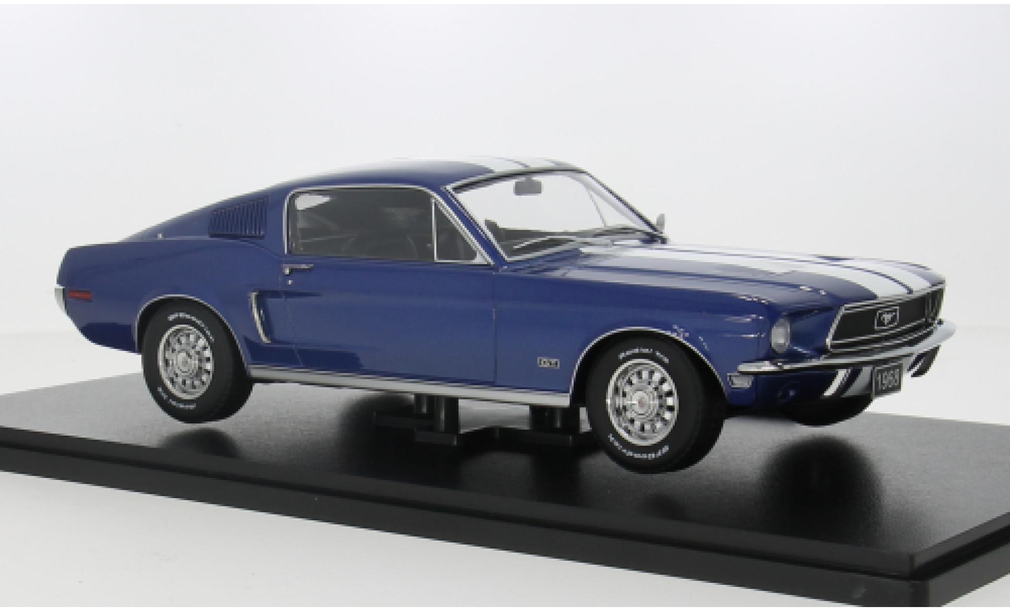 Ford Mustang 1/18 KK Scale GT Fastback blauw/wit 1968 1:18 modelauto