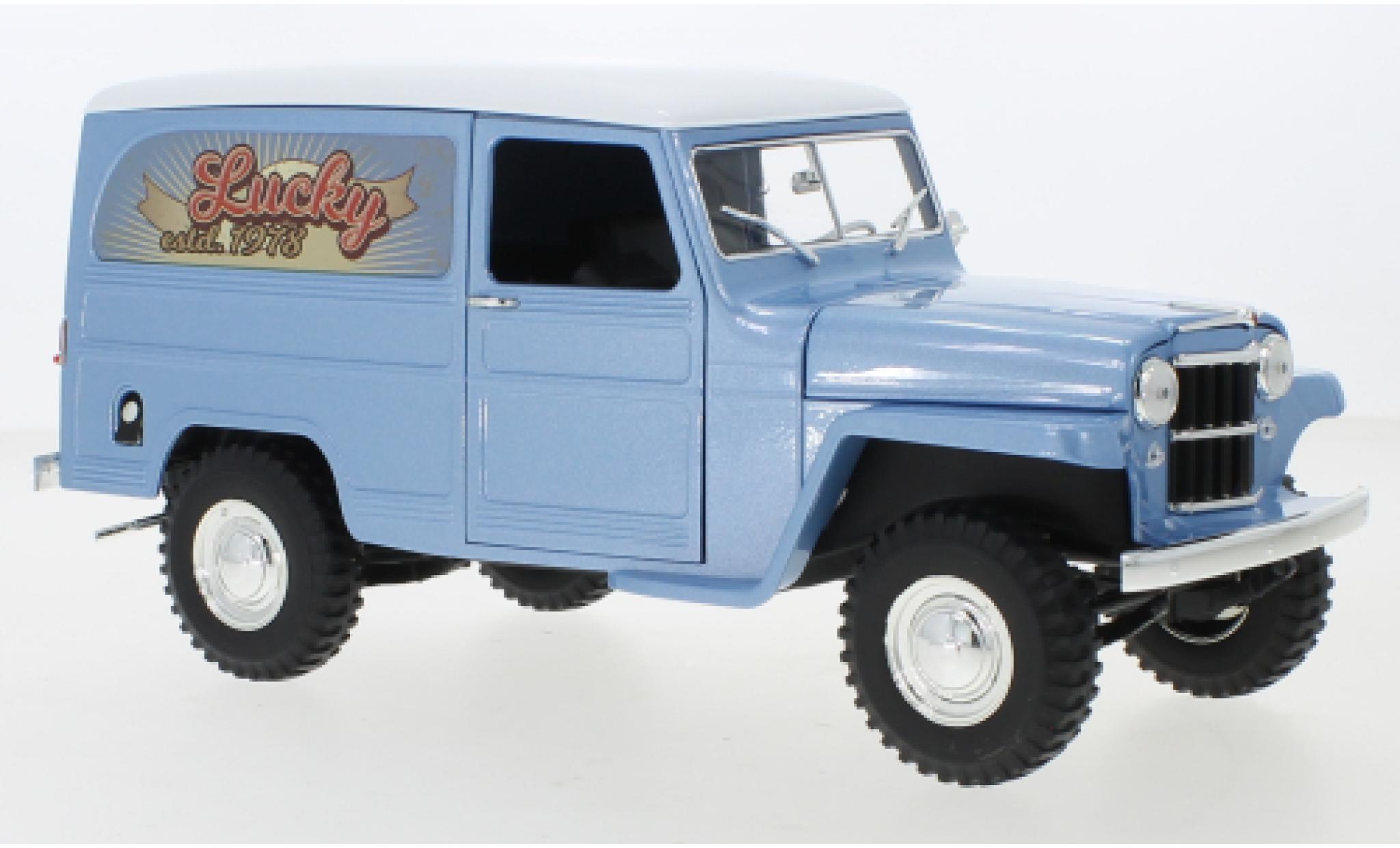 Jeep Willys 1/18 Lucky Die Cast Station Wagon Box Van metallic blauw/wit Lucky 1955 modelauto