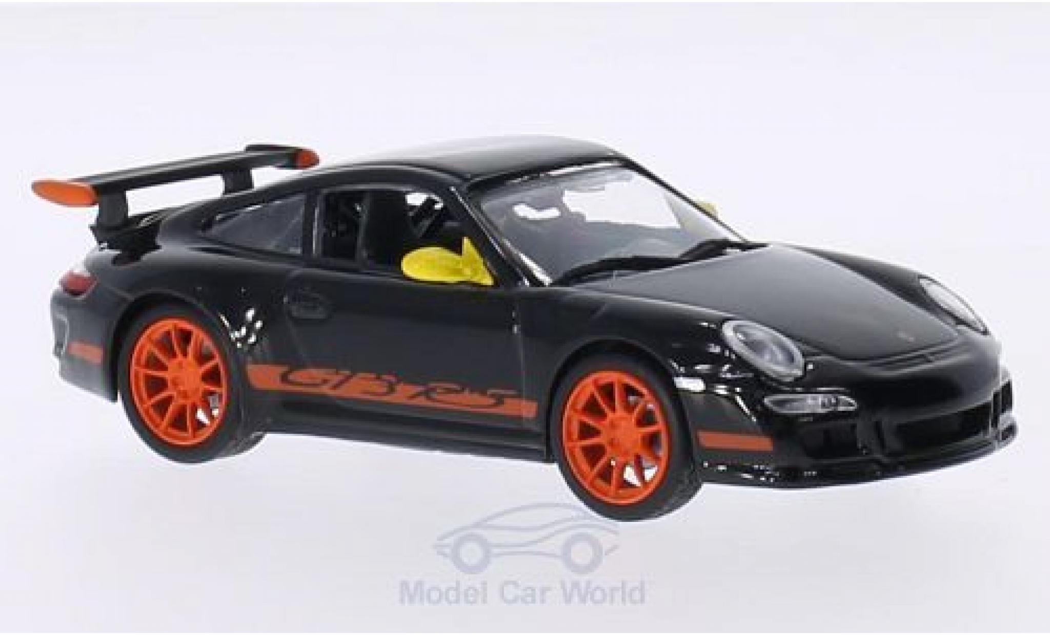 Porsche 997 GT3 RS 1/43 Lucky Die Cast 911 () GT3 RS zwart Spiegel in geel Felgen und Dekor in oranje modelauto