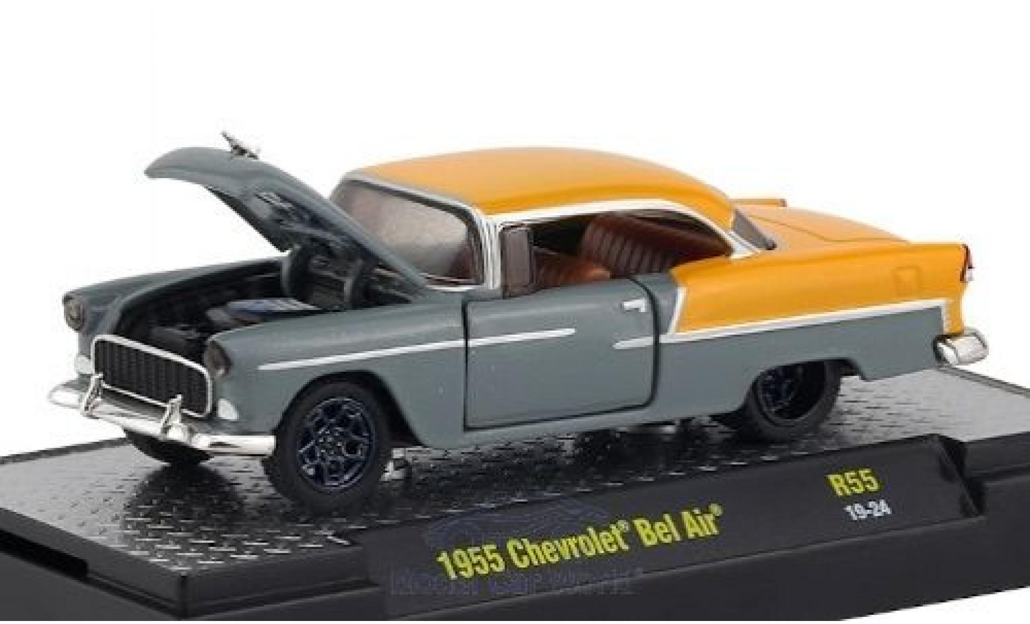 Chevrolet Bel Air 1/64 M2 Machines metallic grijs/matt-geel 1955 modelauto