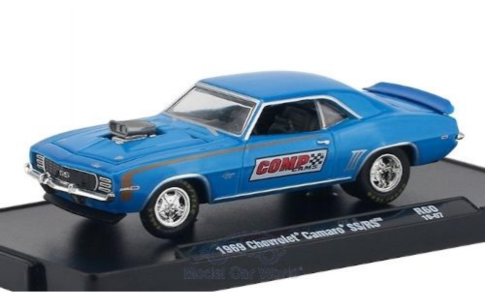 Chevrolet Camaro 1/64 M2 Machines SS/RS metallic blauw/Dekor Comp Cams 1969 modelauto