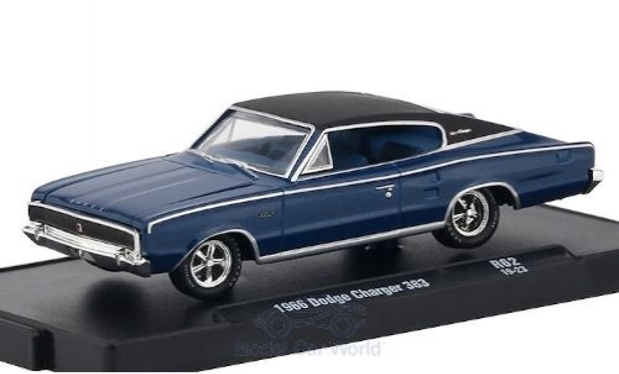 Dodge Charger 1/64 M2 Machines 383 metallic blauw/matt-zwart 1966 modelauto