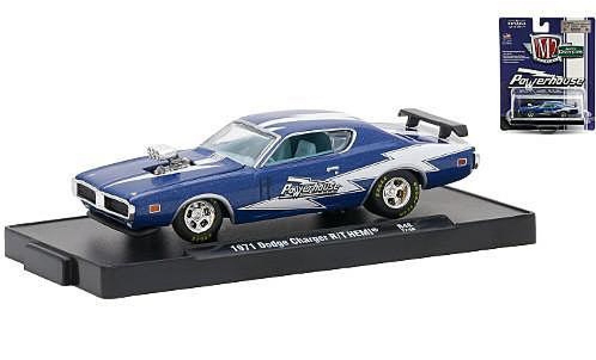 Dodge Charger 1/64 M2 Machines R/T HEMI metallic blauw/wit Powerhouse 1971 modelauto