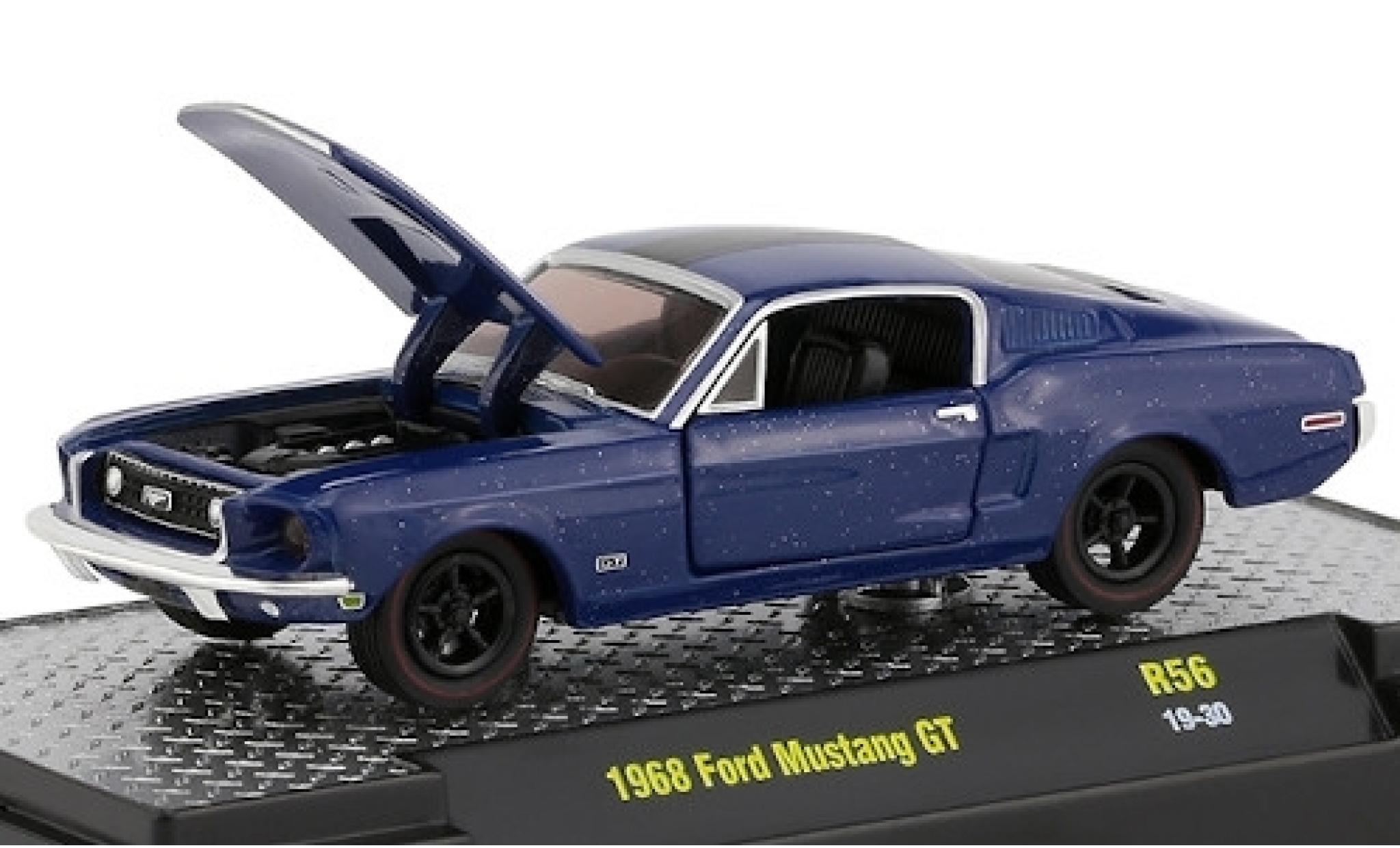 Ford Mustang 1/64 M2 Machines GT metallic blauw/matt-zwart 1968 modelauto