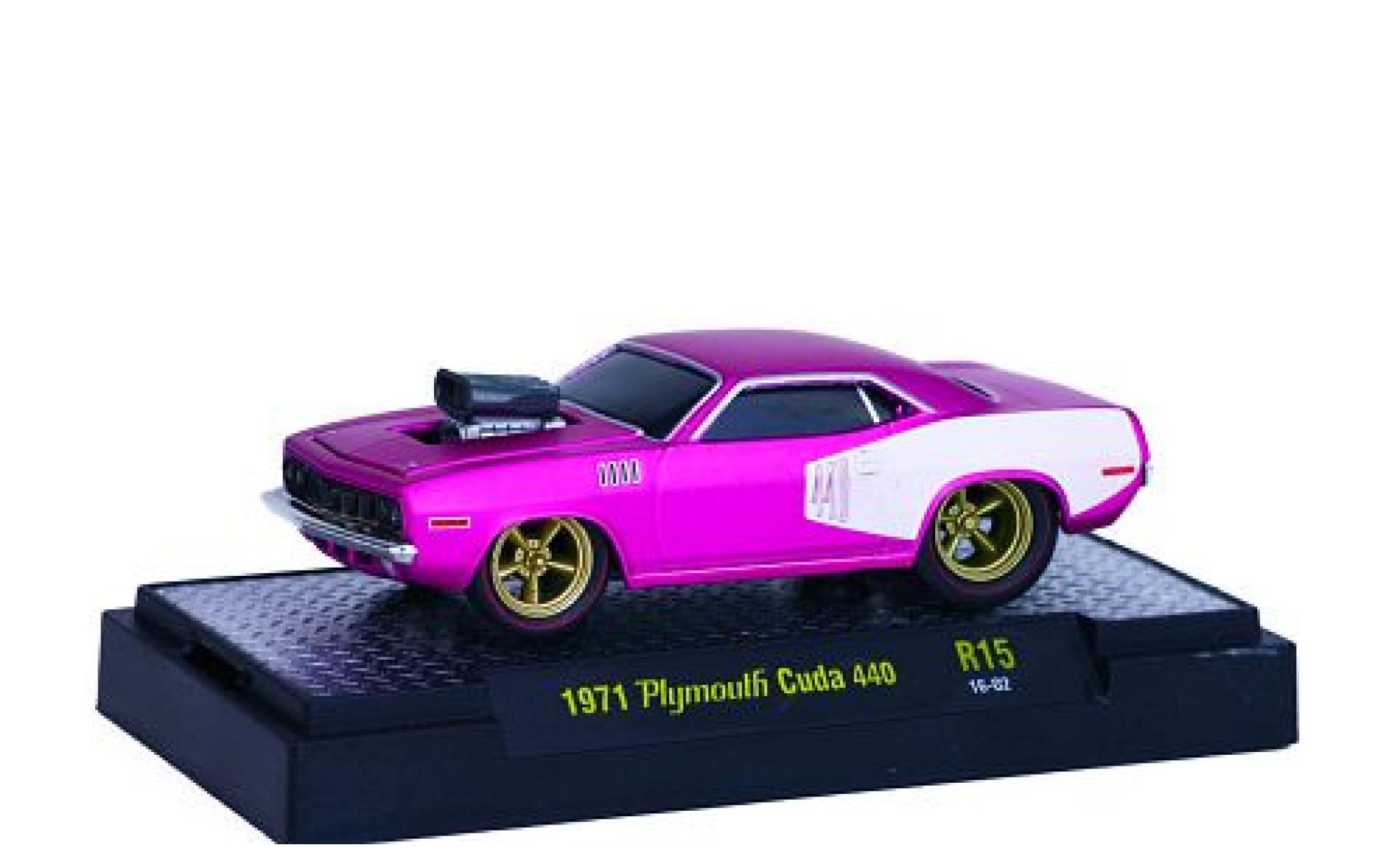 Plymouth Cuda 1/64 M2 Machines 440 matt-roze/matt-wit 1971 Ground Pounders modelauto