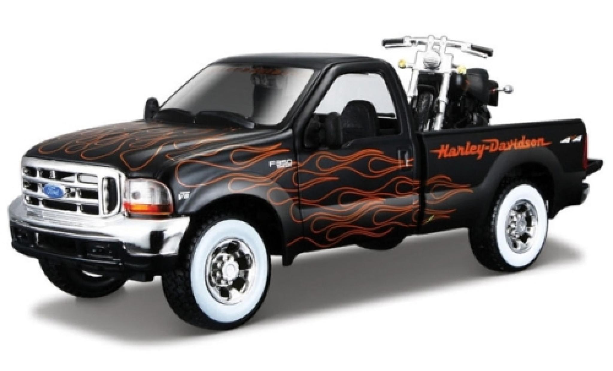 Ford F-350 1/24 Maisto Super Duty matt-zwart/Dekor Harley-Davidson 1:27 avec FXSTB Night Train modelauto