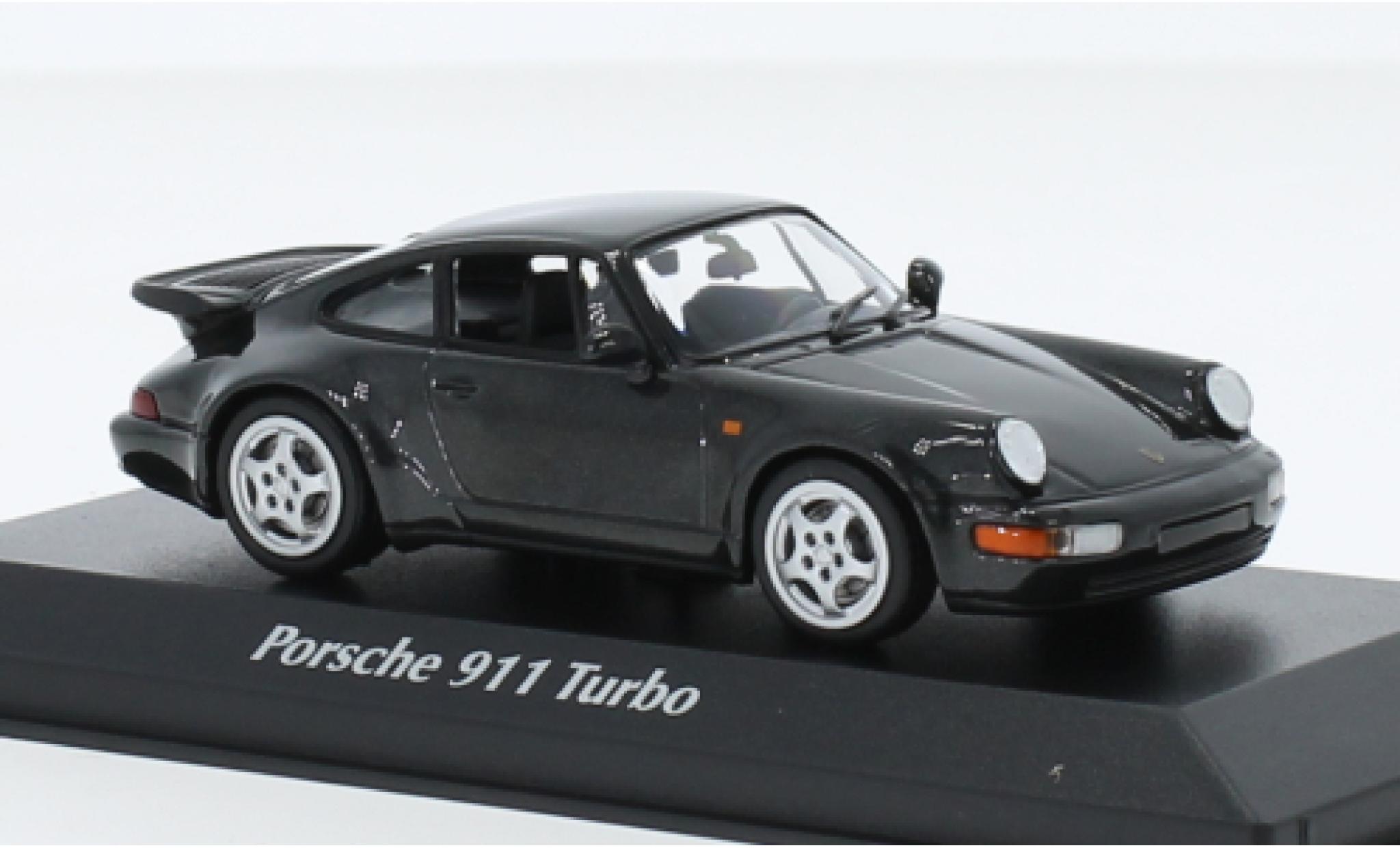 Porsche 964 Turbo 1/43 Maxichamps 911  metallic zwart 1990 modelauto