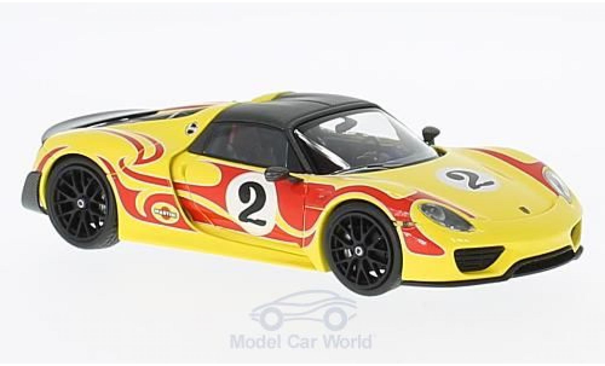 Porsche 918 1/43 Minichamps Spyder Weissach Package geel/rood 2015 Kyalami Racing Design modelauto