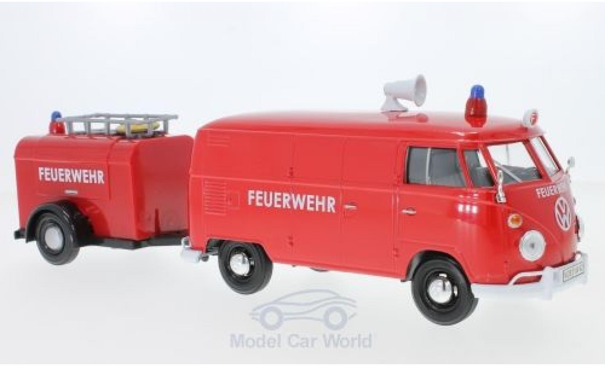 Volkswagen T1 A 1/24 Motormax Bestelwagen rood Brandweer mit Anh&auml;nger modelauto
