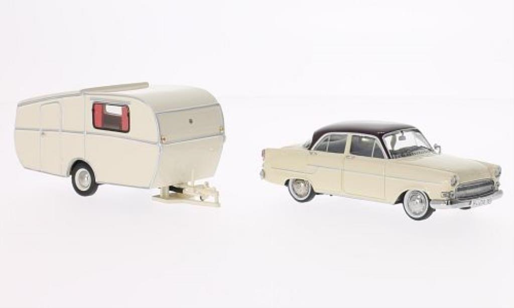 Opel Kapitan 1/43 Schuco beige/rood mit Dethleffs Globetroodter Wohnanhanger modelauto