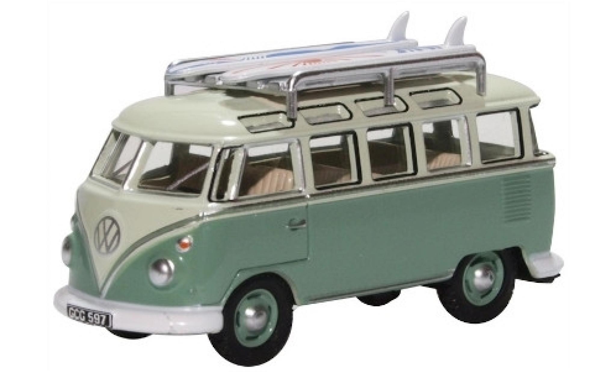 Volkswagen T1 1/76 Oxford Samba groen/groen mit Dachgep&auml;cktr&auml;ger und Surfboards modelauto