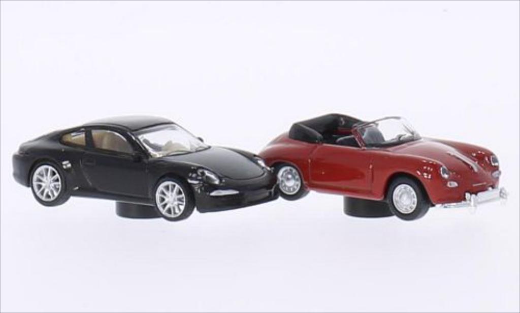 Porsche 991 1/87 Schuco bruin + 356 Cabriolet rood modelauto