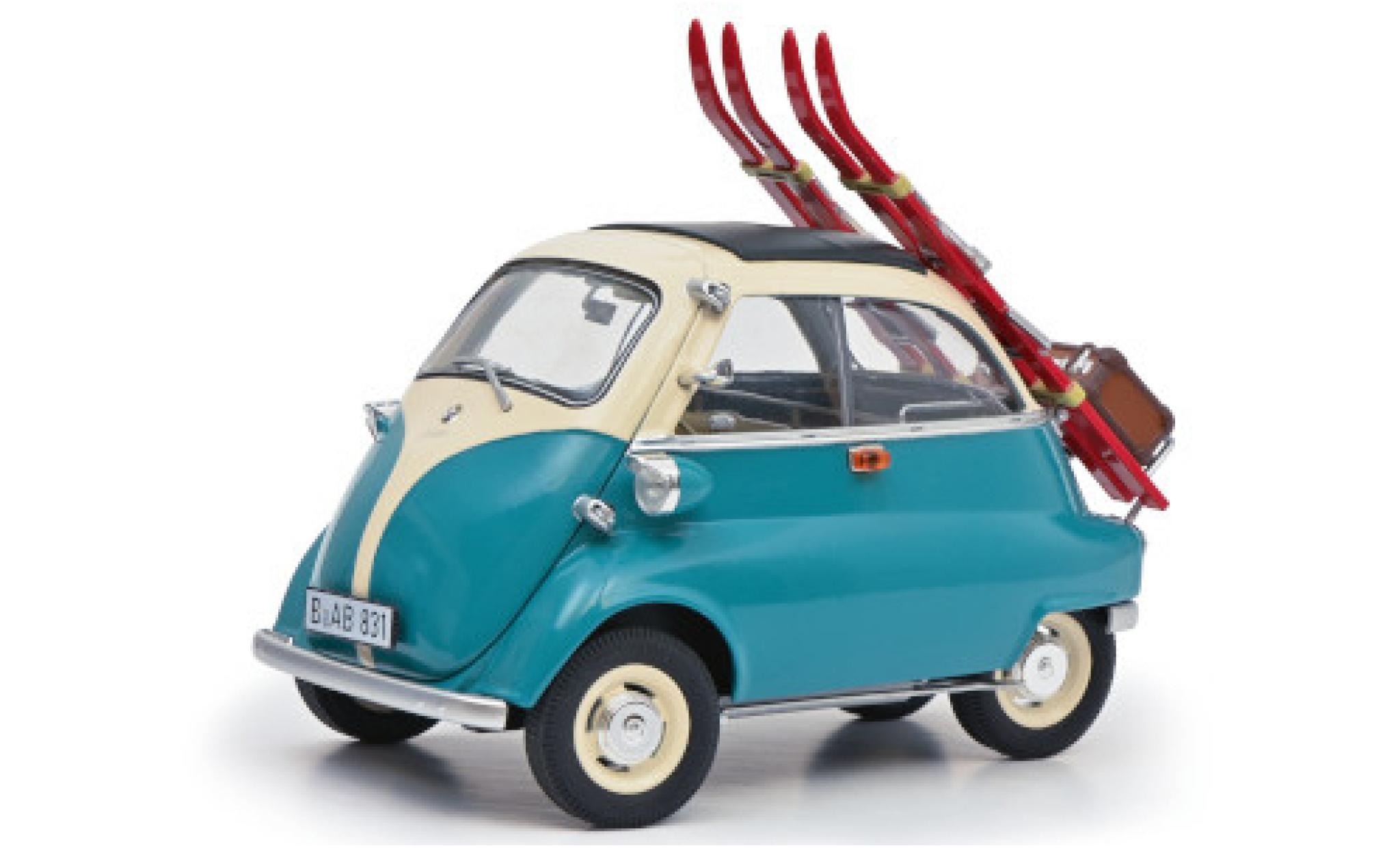 Bmw Isetta 1/18 Schuco t&uuml;rkis/wit 1955 avec Hecktr&auml;ger wagon conteneur et Skiern modelauto