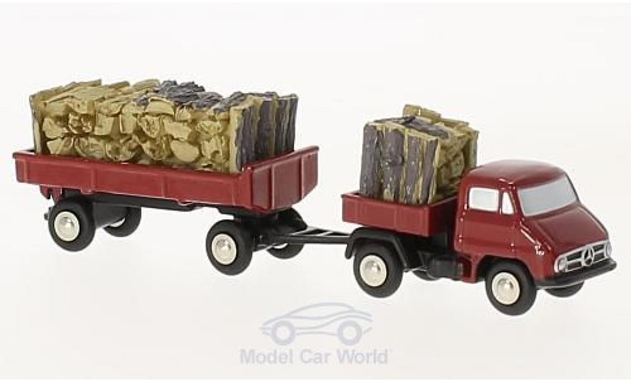 Mercedes Unimog 1/90 Schuco U411 rood mit Anh&auml;nger und Holzbeladung modelauto