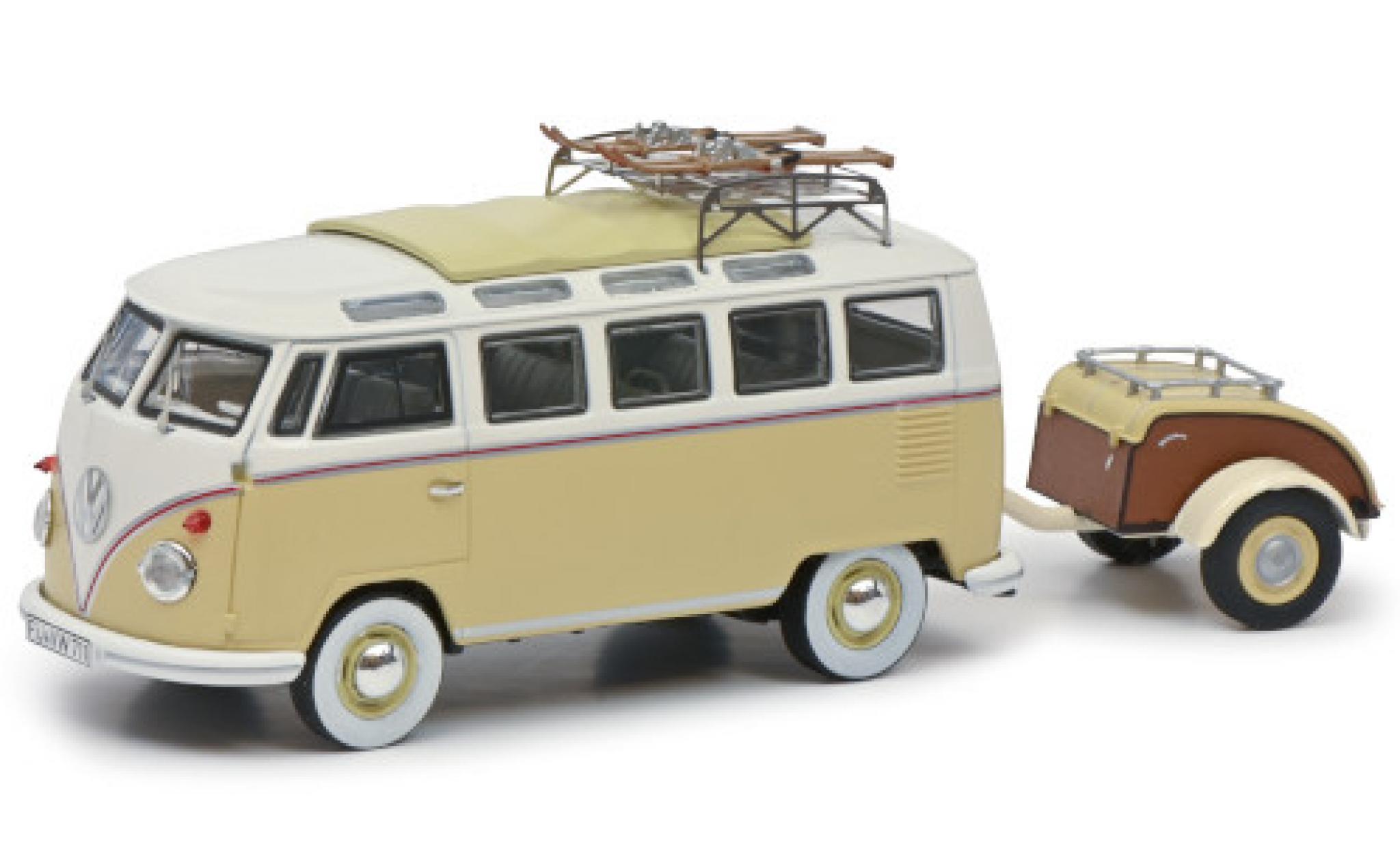 Volkswagen T1 1/43 Schuco Samba beige/wit Wintersport mit Westfalia Anh&auml;nger und Dachgep&auml;cktr&auml;ger modelauto