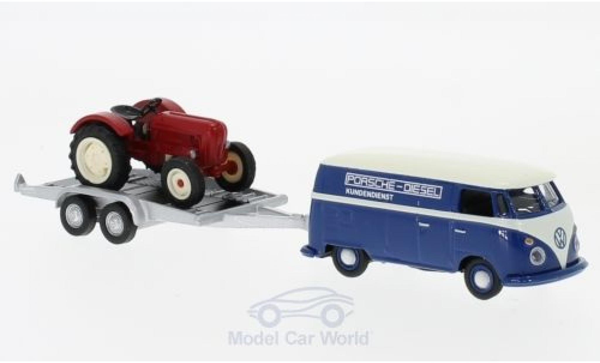 Volkswagen T1 A 1/87 Schuco c Bestelwagen mit Autoanh&auml;nger und Porsche Junior modelauto