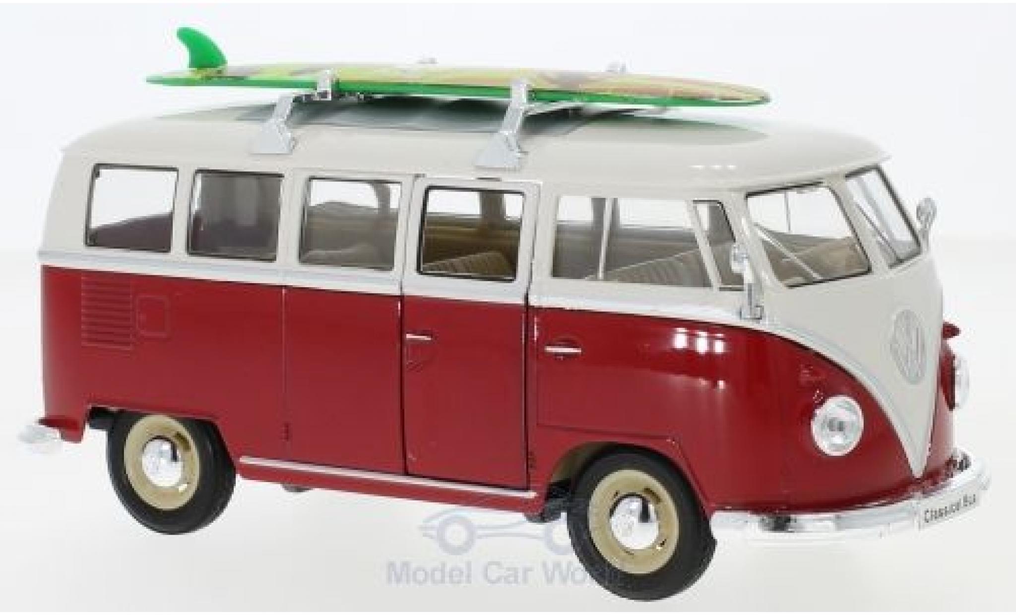 Volkswagen T1 1/24 Welly Bus rood/wit 1963 mit Dachgep&auml;cktr&auml;ger und Surfboard modelauto