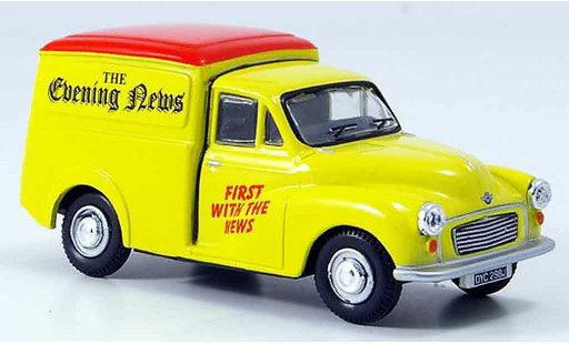Morris Minor Van 1/43 Oxford geel rood Evening News bestelwagen modelauto