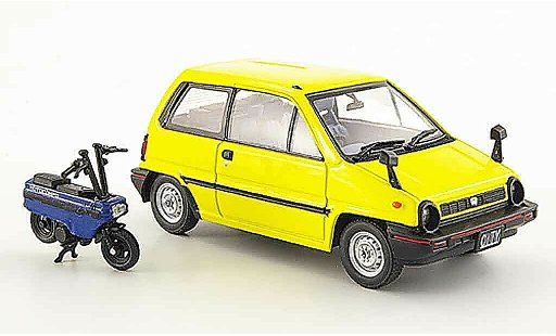 Honda City Motocompo 1/43 Ebbro geel avec Minimotorrad 1981 modelauto