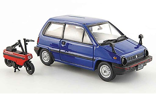 Honda City Motocompo 1/43 Ebbro blauw avec Minimotorrad 1981 modelauto